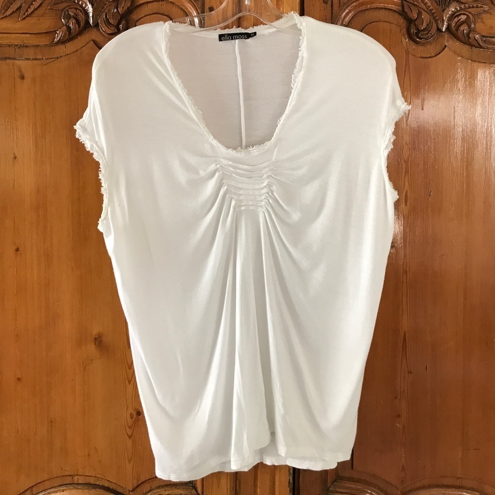 Ella Moss Top with Raw Edge Neckline and Sleeve.